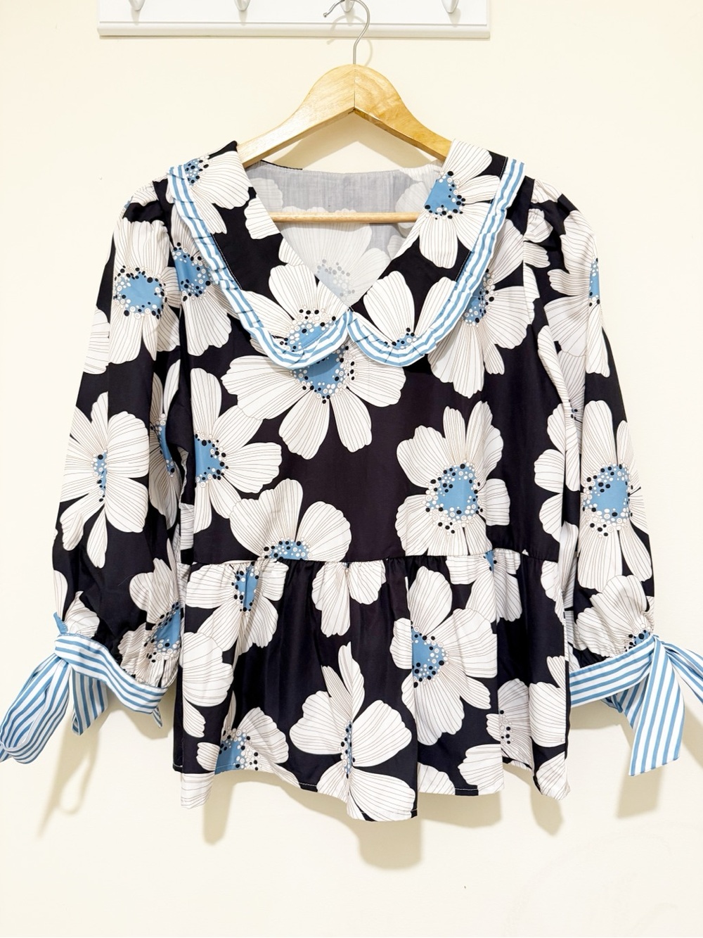 SHEIN Black Floral Peplum Blouse with Blue Trim